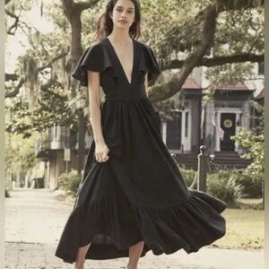 NWT Doen Tarragon Ruffle Midi Dress in Black Linen Silk Blend Pocket Sz XS